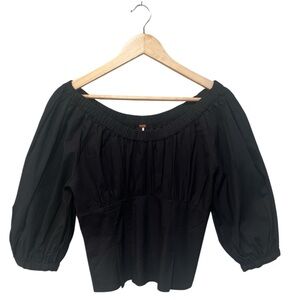 Free People Teagan Smocked Top Black Puff Sleeve Peplum Blouse Small